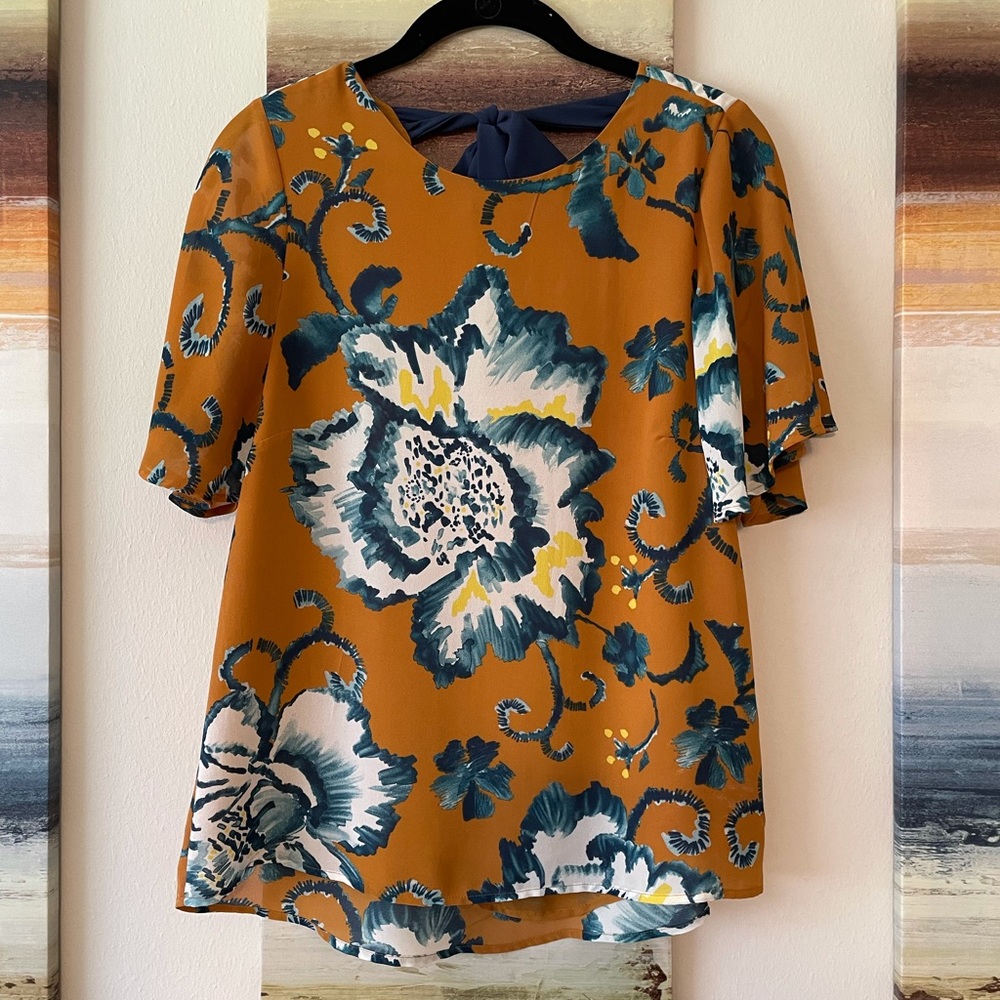 Rust Floral Flowy Blouse with Bow in Back